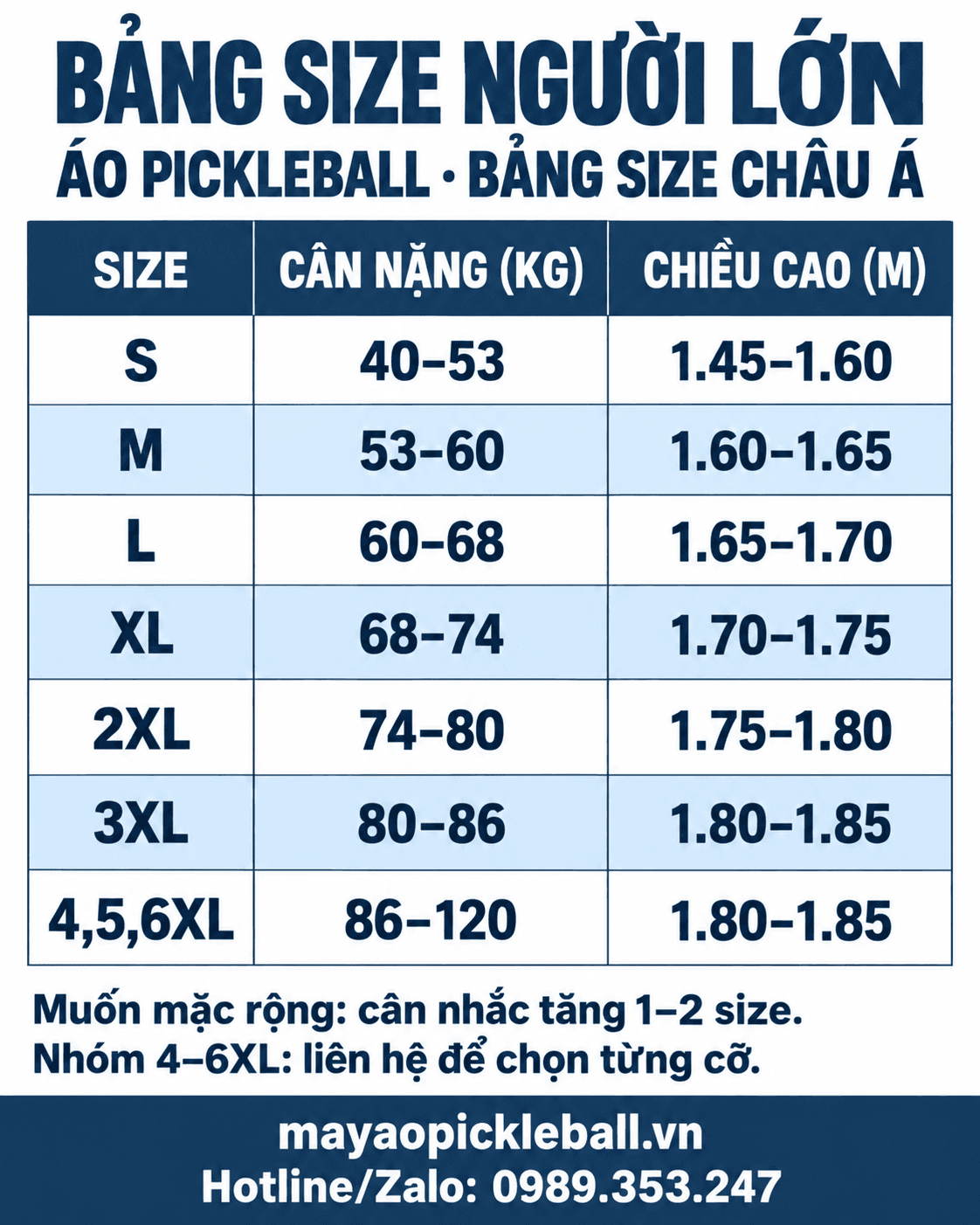 Bảng size áo pickleball người lớn tại mayaopickleball.vn: size S–6XL theo cân nặng và chiều cao.