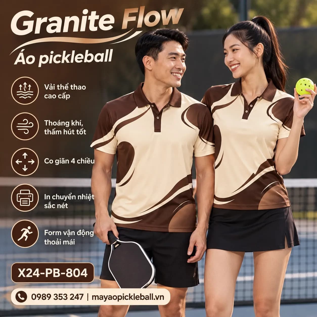 Mẫu áo pickleball Granite Flow phối kem ấm, nâu chocolate, tùy chỉnh logo và tên số cho đội.
