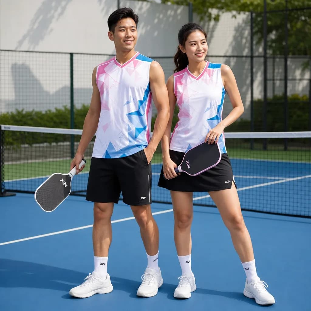 Bộ Quần Áo Pickleball Nam Nữ X24-PB-638 Hồng xanh pastel phiên bản áo sát nách, quần/váy đen trên sân pickleball
