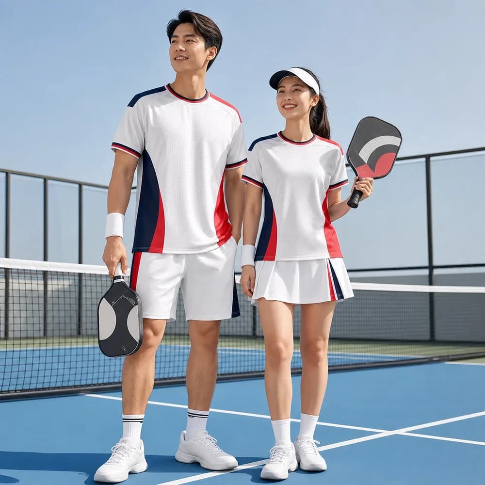 Bộ Quần Áo Pickleball Nam Nữ X24-PB-668 Trắng phối đỏ xanh navy trên sân pickleball