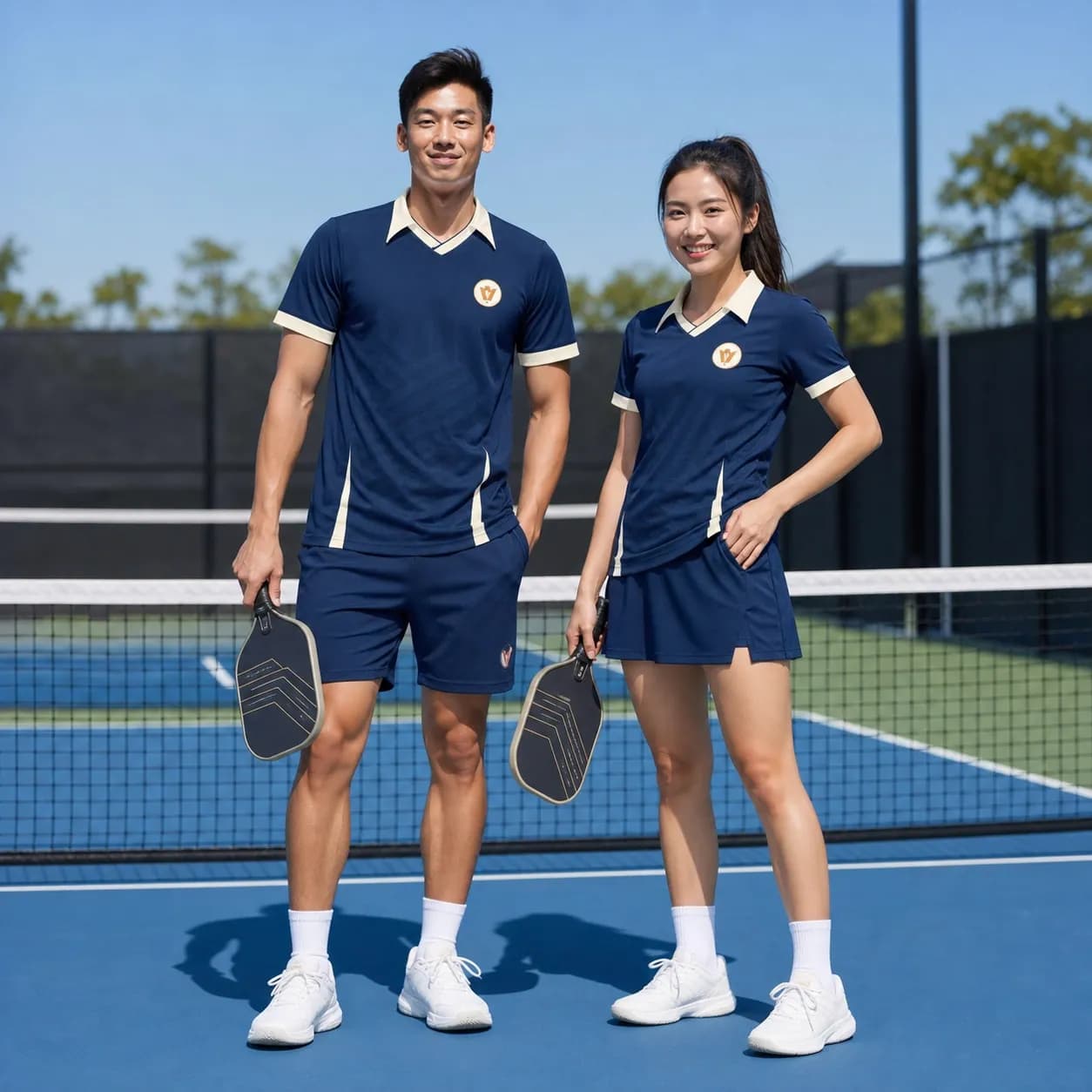 Bộ Quần Áo Pickleball Nam Nữ X24-PB-674 Xanh navy phối kem vàng đồng cổ bẻ trên sân pickleball