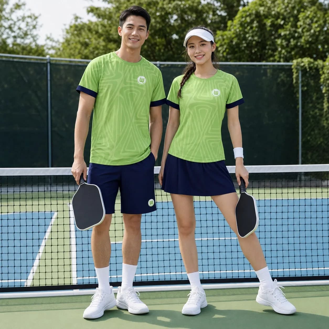 Bộ Quần Áo Pickleball Nam Nữ X24-PB-692 Xanh lá phối xanh navy trắng cổ tròn trên sân pickleball