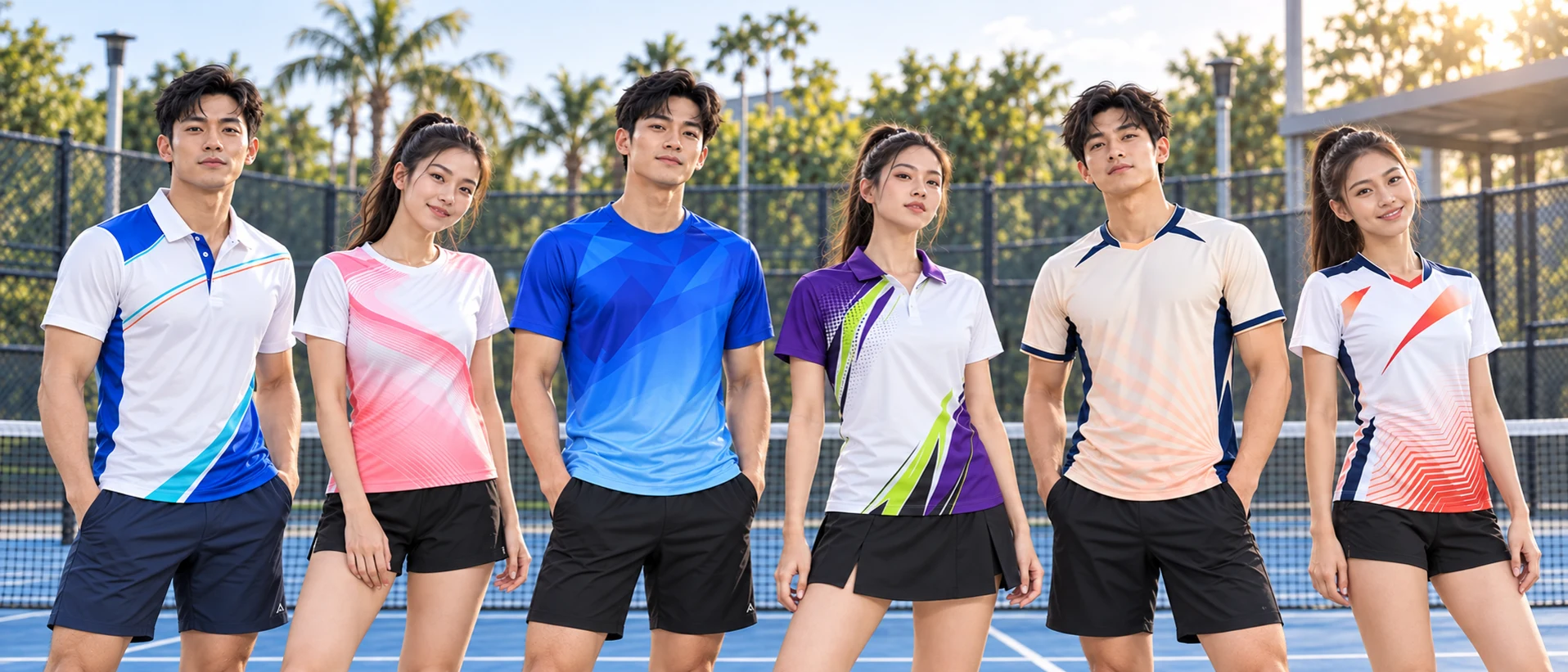 Sáu người chơi pickleball giới thiệu sáu mẫu áo thiết kế nhiều màu trên sân ngoài trời